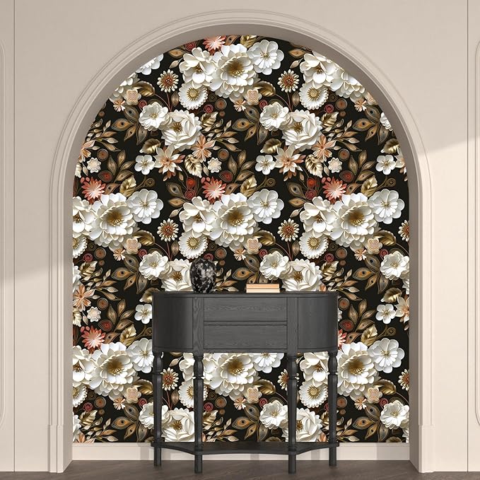 White Gold Floral Wallpaper Peel and Stick Dark Flower Contact Paper 17.5in x 393in Vintage Wallpaper Vinyl Waterproof Self Adhesive Boho Leaf Botanical Wall Paper for Bedroom Cabinet Table Decoration