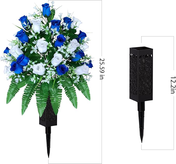 Artificial Cemetery Flowers, Gravesite Decoration Roses, Memorial Bouquets with Cemetery Vase, Vibrant and Long-Lasting Colors (Dark Blue+White, 2 Bundles)
