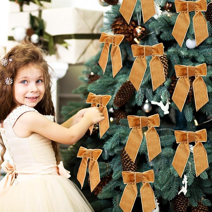 30 Pcs Velvet Ribbon Bows 5" x 4" Pre Tied Christmas Velvet Bows with Twist Tie for Gift Packaging Christmas Tree Wreaths Door Windows Wedding Party Decoration (Golden Brown)
