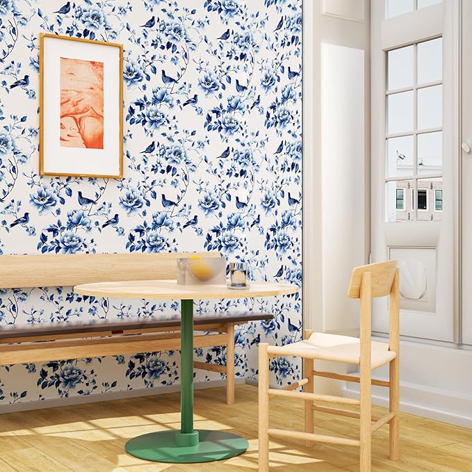Blue Bird Wallpaper Peel and Stick, Vintage Floral Contact Paper 17.5in x32.8ft Modern Wall Mural Boho Wall Paper Self Adhesive Removable Waterproof for Bathroom Bedroom Cabinet Drawer Kitchen Decor