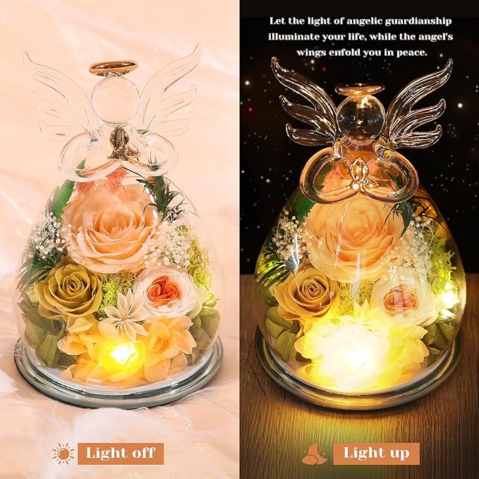 FIACO Gifts for Women Birthday Christmas Preserved Rose Forever Flower in Glass Angel Figurines Fresh Flowers for Delivery for Mom Real Colorful Roses for Grandma Wife Her from Daughter