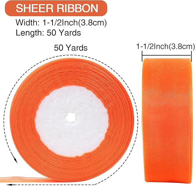 1-1/2 Inch x 50 Yards Sheer Organza Ribbon Chiffon Ribbon for Gift Wedding Flower Bouquet Wrapping Decorations Crafts (Orange)