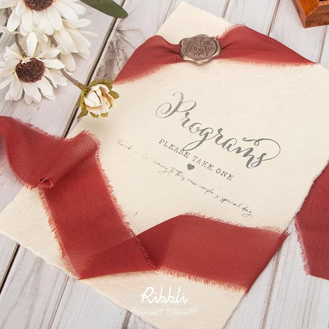 Ribbli Rust Red Chiffon Ribbon 1-1/2 inch x 20 Yard Handmade Fringe Chiffon Silk Ribbon for Wedding Invitations, Bridal Bouquets Wrapping, Flower Arrangement Decoration
