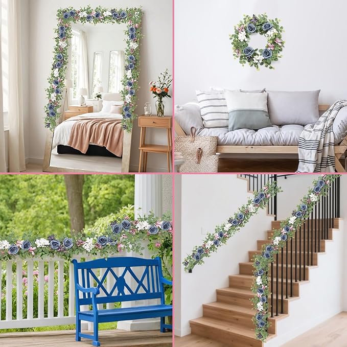 2Pcs 5.9 Ft Artificial Rose Vine Fake Flower Garland Blue Rose Hydrangea Vines with 3D Butterflies Hanging Floral Eucalyptus Garland for Wedding Party Background Arch Table Wall Home Decor