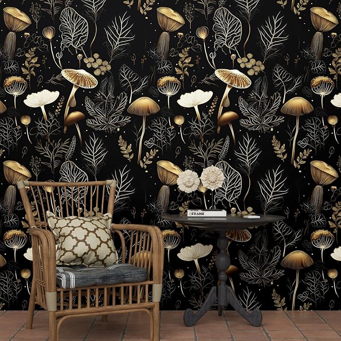 Boho Wallpaper Peel and Stick Dark Floral Contact Paper 17.5" x 393" Vinyl Self Adhesive Vintage Mushrooms Wall Mural Leaf Wall Paper for Room Countertop Drawer Decor(Golden,Black)
