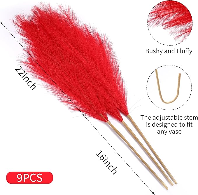 9 Stems Red Pampas Grass - 38 Inch Tall Fluffy Faux Pampas Grass Decor, Long Artificial Pompas Floral for Living Room, Wedding Centerpieces and Home Decor (Red)