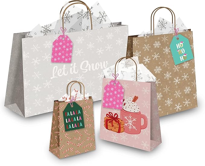 Pro Supply Global 24 Count of 2.5 Inch x 3 Inch Pre Strung Christmas FA La La Gift Tag Assorted Printed Designs on Large Cardstock Gift Hang Tags - Ideal to Use on Bags