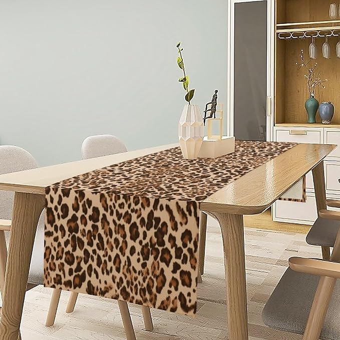 Leopard Skin Print Table Runner, Rustic Cottage Country Farmhouse Wildlife Safari Animal Skin Print Dinner Runner for Home Kitchen Dining Table Party Holiday Decor Brown 13x108in