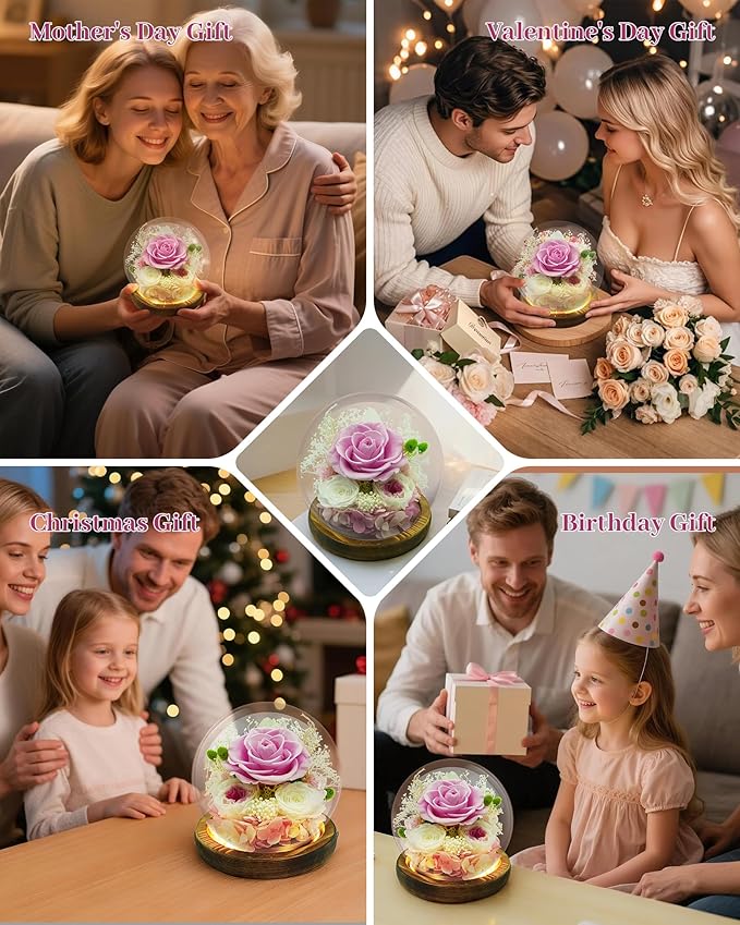 Preserved Flowers Birthday Gifts for Her Preserved Rose in Glass Dome Forever Fresh Flowers for Delivery Prime Eternal Pink Rose Gifts for Women Wife Mom Sister on Anniversary Valentines Day