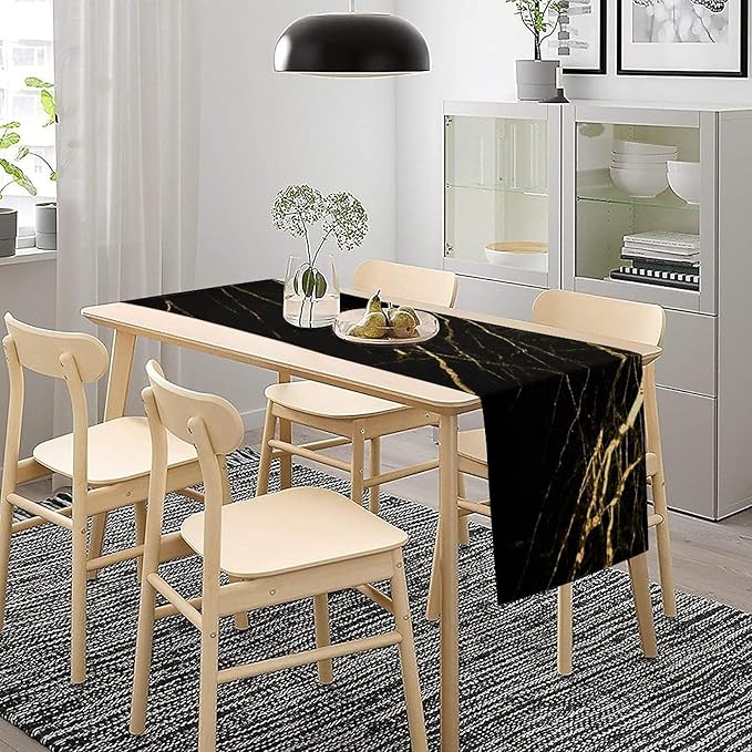 Black Grey Marble Table Runner Abstract Gold Black Grey Marble Pattern Seasonal Dinner Runner Table Decoration for Farmhouse Home Kitchen Dining Holiday Party 13x90in