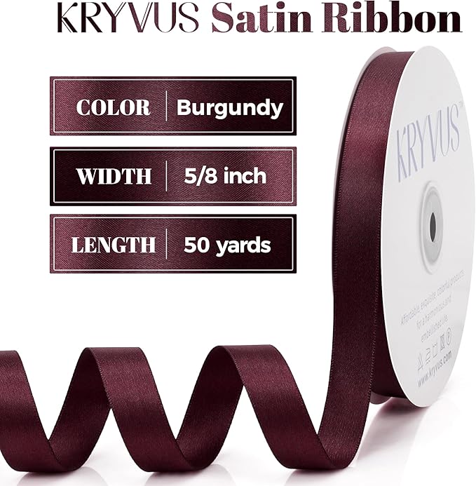 Burgundy Satin Ribbon, Double Faced 5/8 Inch X 50 Yards Burgundy Ribbon, Premium Satin Ribbon for Gift Wrapping, Crafts, Hair Bow Making, Sewing, Flower Bouquet, Wedding Party Decor