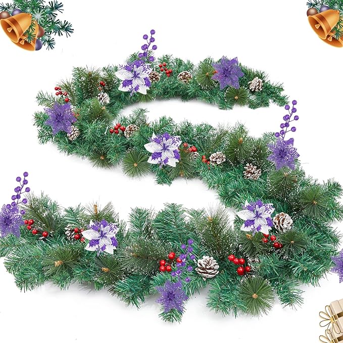 24Pcs Christmas Poinsettia Artificial Flowers and Glitter Berries Kit, 2 Styles Total 16Pcs Christmas Tree Flowers Ornaments, 8Pcs Christmas Tree Picks for Wedding Holiday Decorations, Purple