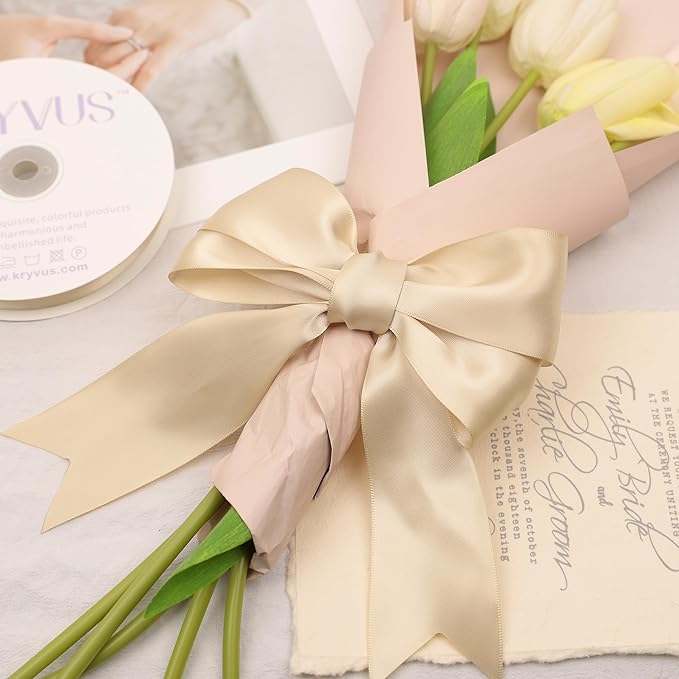 Beige Satin Ribbon, Double Faced 2 Inch X 25 Yards Beige Ribbon, Premium Satin Ribbon for Gift Wrapping, Crafts, Hair Bow Making, Sewing, Flower Bouquet, Wedding Party Decor