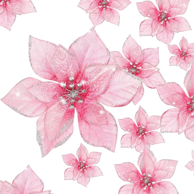 WILLBOND 24 Pcs 3 Size Poinsettia Flower Artificial Christmas Decor Glitter Poinsettia Christmas Ornaments Faux Flowers for Xmas Tree Outdoor(3.2/4/6 Inches,Rose Red)