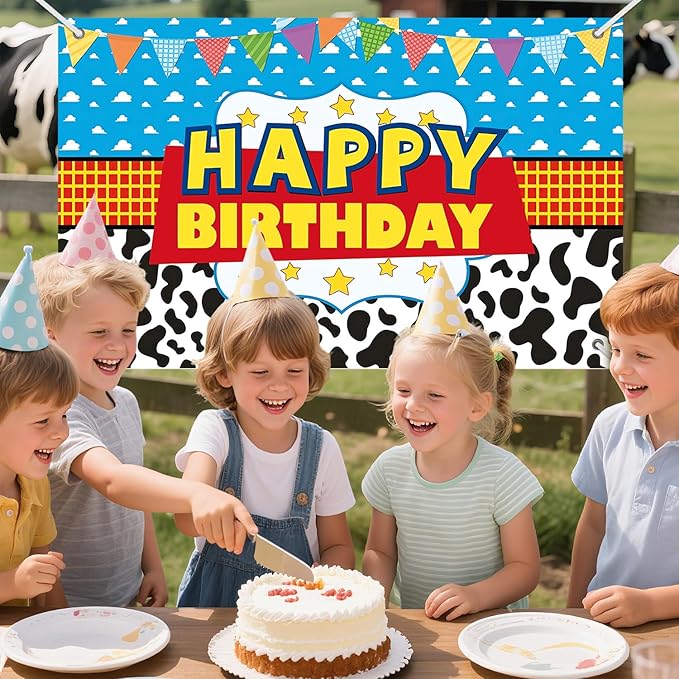 3x5ft Cartoon Cowboy Birthday Backdrop, Happy Birthday Decoration Background, Cute Cartoon Theme Party Supplies Outdoor Indoor Photo Banner