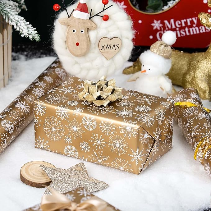 MAYPLUSS Winter Snowflake Christmas Wrapping Paper - 17 Inch X 33 Feet - Christmas Festive White Snowflake Print on Gold Mini Roll Reusable Holiday Gift Paper for Party Wedding Birthday Baby Shower