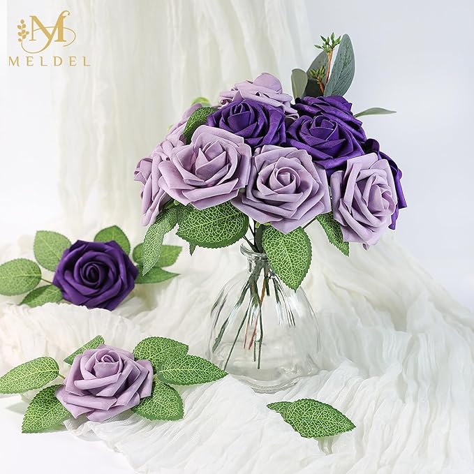 Meldel Artificial Flowers 50pcs Real Looking Purple Lilac Foam Fake Roses with Stems for DIY Wedding Bouquets Bridal Shower Centerpieces Floral Arrangements Home Decorations