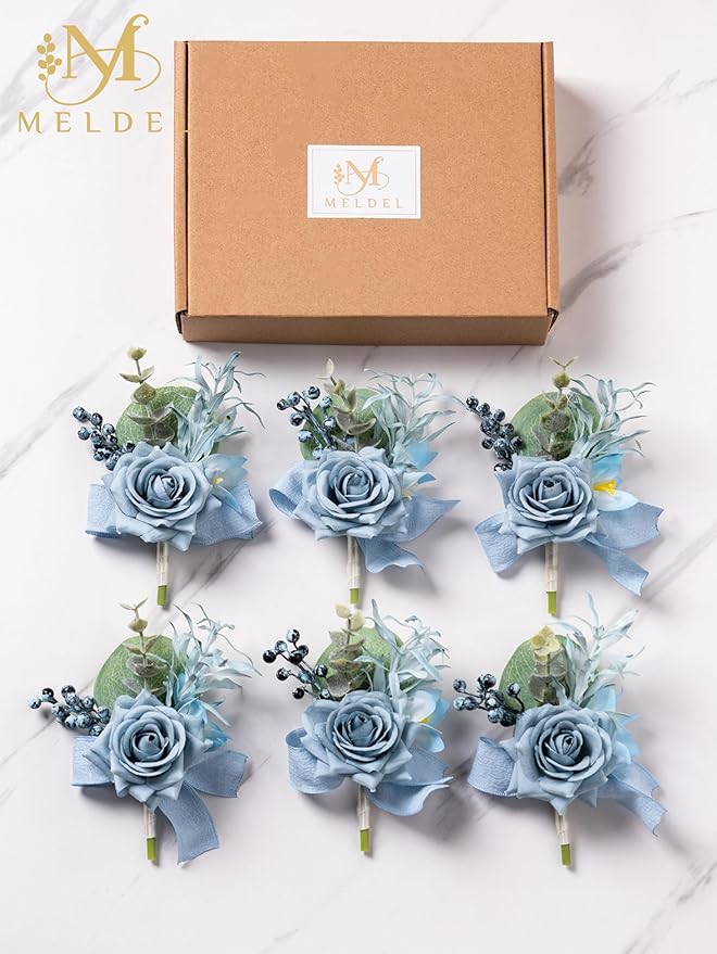 Meldel Dusty Blue Rose Boutonniere for Men,Set of 6,Groomsmen Groom Boutonnieres for Wedding Corsage Ceremony Anniversary, Formal Dinner Party, Fall Vintage Rustic Marriage Prom Flower