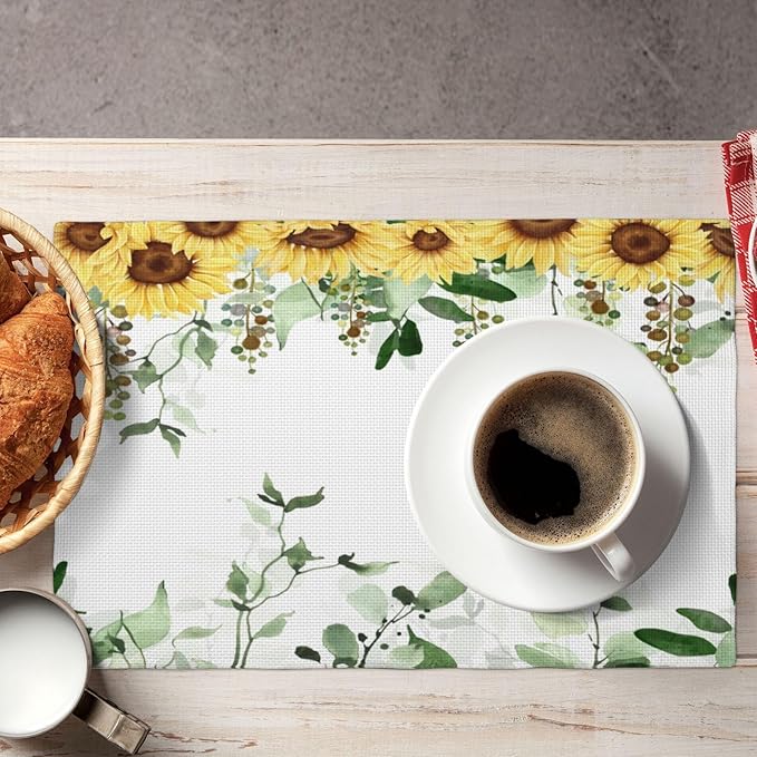Sunflower Placemats Set of 6,Spring Summer Yellow Floral Flowers Rustic Vintage Dining Table Place Mats, Kitchen Decor Home Decoration 6 PCS, Style-13