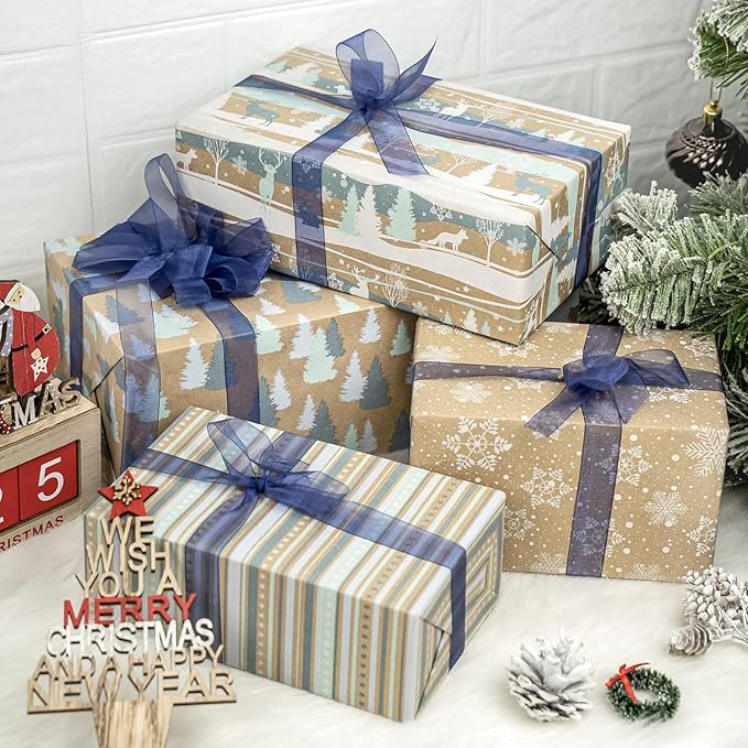RUSPEPA Christmas Wrapping Paper, Kraft Paper - Reindeer, Stripe and Snowflakes in Blue Design - 4 Rolls - 30 inches x 10 feet per Roll