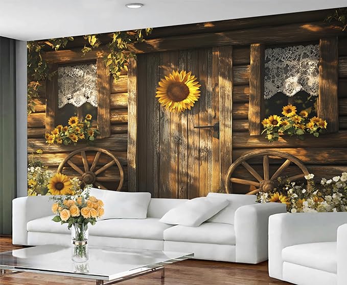 KIREUPA Rustic Cabin Sunflower Wall Mural, Vintage Cottage Door Sunflower 3d Wall Murals, Farmhouse Nature Wallpaper Mural, for Living Room Bedroom Large Wallpaper Indoor Decor 177.16" W x120 H