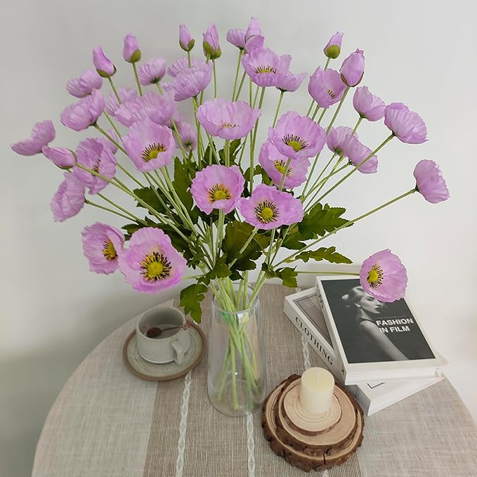 ATFL Light Poppy Flowers Artificial for Wedding Decorations,12 Pcs Fake Faux Silk Poppies Bulk for Home Decor Table Centerpieces Floral Arrangement（ 23.5‘’, Light Purple
