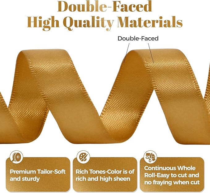 Old Gold Satin Ribbon, Double Faced 5/8 Inch X 50 Yards Old Gold Ribbon, Premium Satin Ribbon for Gift Wrapping, Crafts, Hair Bow Making, Sewing, Flower Bouquet, Wedding Party Decor