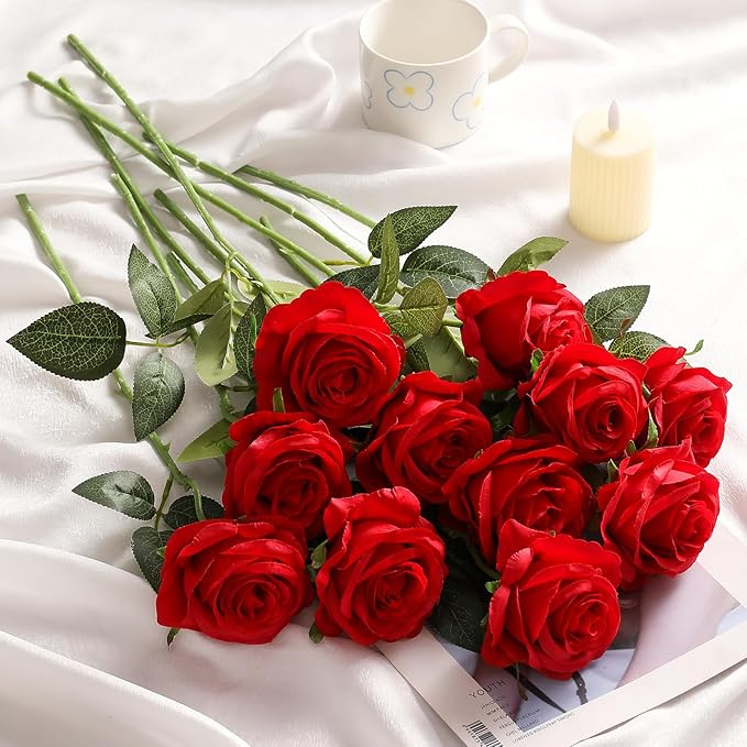 Kisflower 80 Pcs Red Roses Artificial Flowers Bulk, Silk Roses with Stems Real Look Artificial Red Roses for Decoration DIY Wedding Bouquet Bridal Shower Party Home Table Centerpieces Decor (Red)