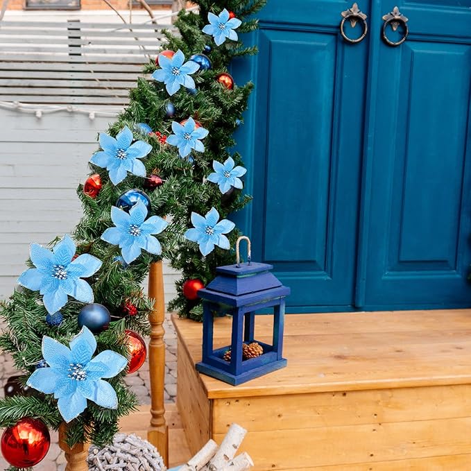 WILLBOND 24 Pcs 3 Size Poinsettia Flower Artificial Christmas Decor Glitter Poinsettia Christmas Ornaments Faux Flowers for Xmas Tree Outdoor(3.2/4/6 Inches,Lake Blue)
