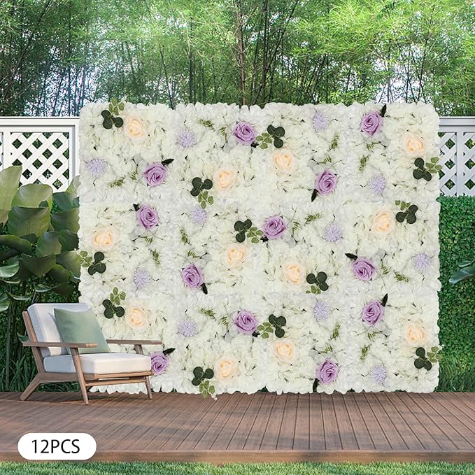 Flower Wall Panel Set,Artificial Wall Flower Backdrop,12 Pcs 15" X 15" 3D Silk Hydrangea Rose Floral Panel,Faux Roses Artificial Flower Backdrop for Wall Decor (12 PCS White&Purple)