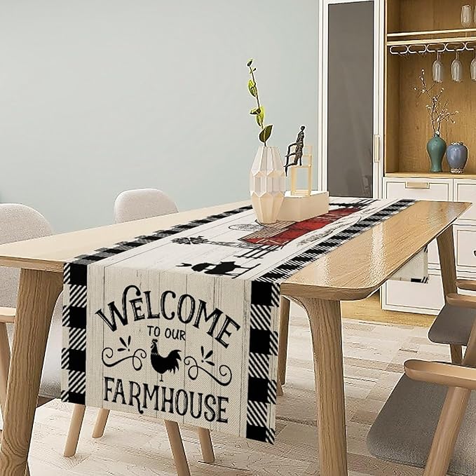Rustic Farmhouse Table Runner Vintage Western Farm Cow Rooster Red Barn Cabin Country Lodge Dinner Runner for Home Kitchen Dinner Table Party Decoration 13x36in