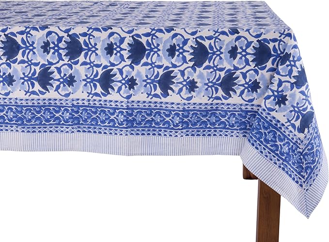 ATOSII Positano Blue 100% Cotton Rectangle Fall Tablecloth, Handblock Floral Linen Table Cloth for Dining Table I Parties Christmas Thanksgiving Grand Millennial Home Decor 72 X 120 Inches I 10 Seater
