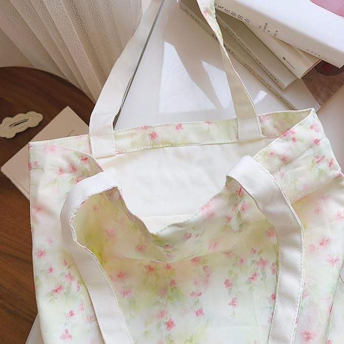 Cotton Canvas Tote Bag Reusable Soft Grocery Cloth Bag Floral Shoulder Bag for Beach Travel Shopping