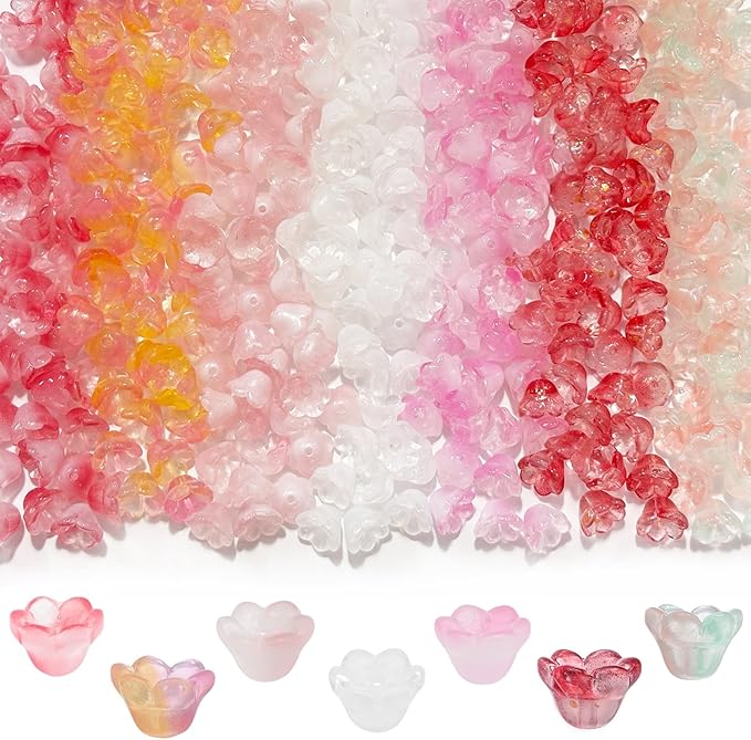 LadayPoa 350pcs Glass Bellflower Beads for Jewelry Making Trumpet Flower Beads Gradient Clear Cute Bead for Bracelets Making Aesthetic Bead Charms for DIY Necklace Decoration-Pink Series