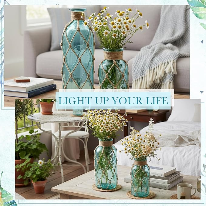 Chuangdi Set of 2 Coastal Glass Vases for Flower Small Flower Vase with Boho Rope Wrapping Beach Decorative Bottle for Coastal Nautical Table Centerpiece Wedding Floral Arrangement Decor(Light Blue)