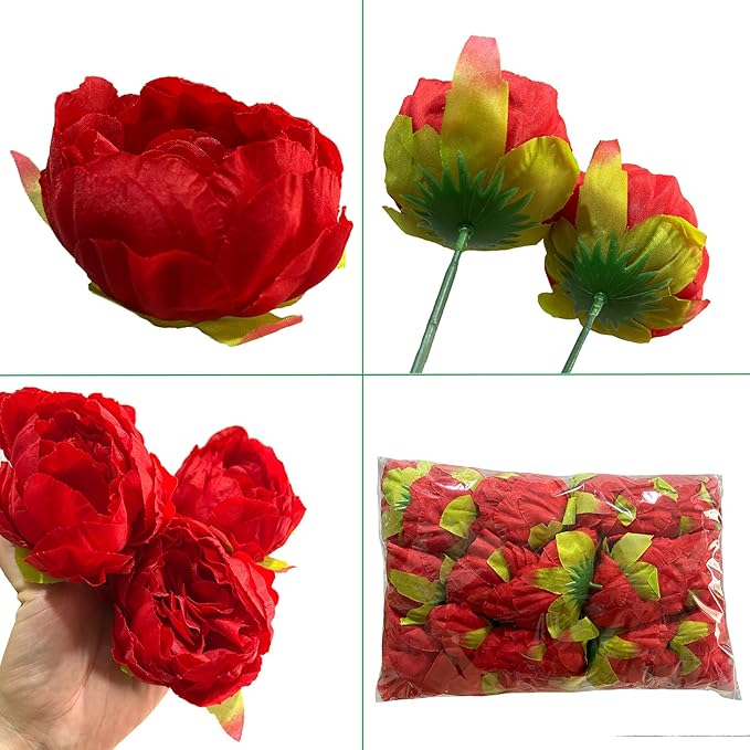 FagusHome 25 Pcs Silk Peony Artificial Flower Heads 4 inch Fake Peony Flowers Heads with Stems Artificial Peony Flower Heads in Bulk Wholesale for Wedding Home Decor (Red)