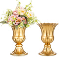 Sziqiqi Gold Flower Arrangements Vase for Wedding Table Centerpiece - 9in Metal Planter Vase Pot for Artificial Real Flower Small Trumpet Plant Urn for Garden