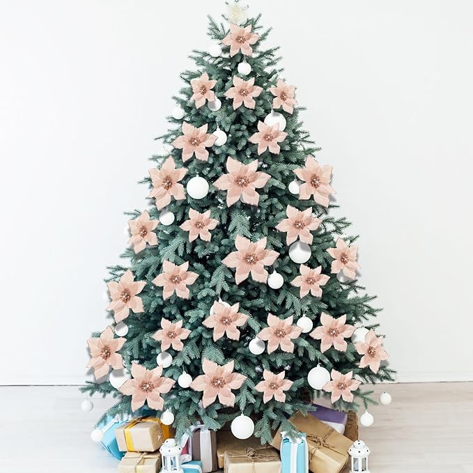WILLBOND 24 Pcs 3 Size Poinsettia Flower Artificial Christmas Decor Glitter Poinsettia Christmas Ornaments Faux Flowers for Xmas Tree Outdoor(4/6/7.9 Inches,Rose Gold)