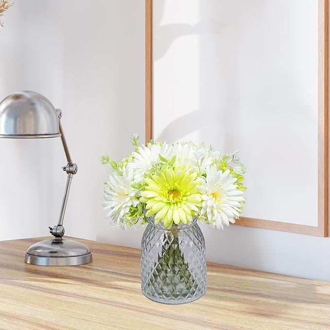 Artificial Daisy Flowers Vases for Table Centerpiece Decor, Lifelike Fake Silk Spring Flowers, Perfectly Mimics Real Daisy and Spring Blooms (Green & White with Glass Vase)