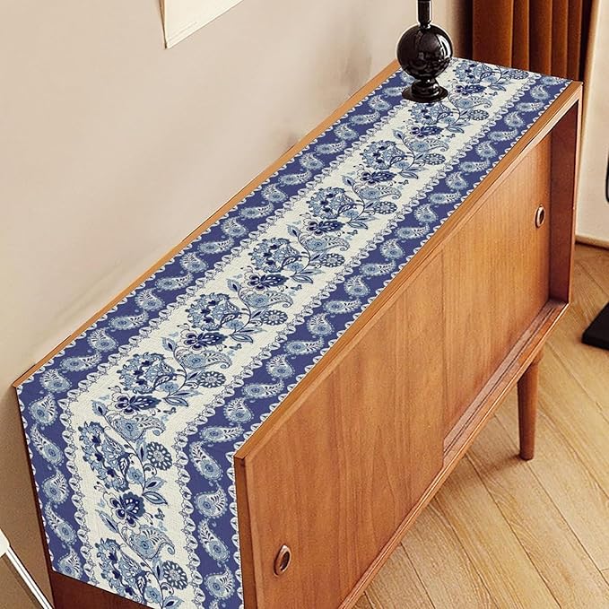 Blue Paisley Table Runner, Rustic Blue Bohemian Damask Exotic Flower Cafe Table Center Decor for Home Kitchen Dining Patio Holiday Party Indoor Outdoor Table Decorations 13x72 inch