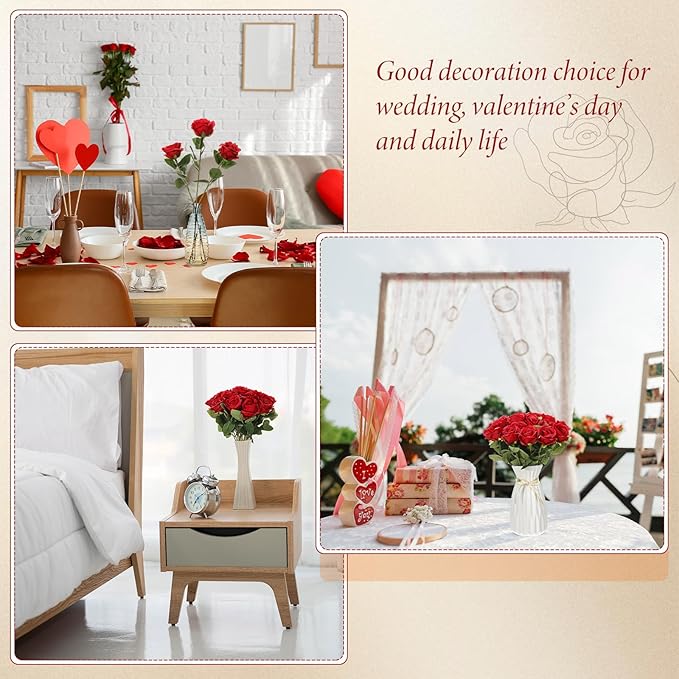 Hotop 20 Pcs Artificial Rose Flowers with Long Stem,Real Touch Silk Realistic Plastic Bouquet Roses Bulk for Home Decor Bridal Wedding Party Table Centerpieces Decorations(Red)