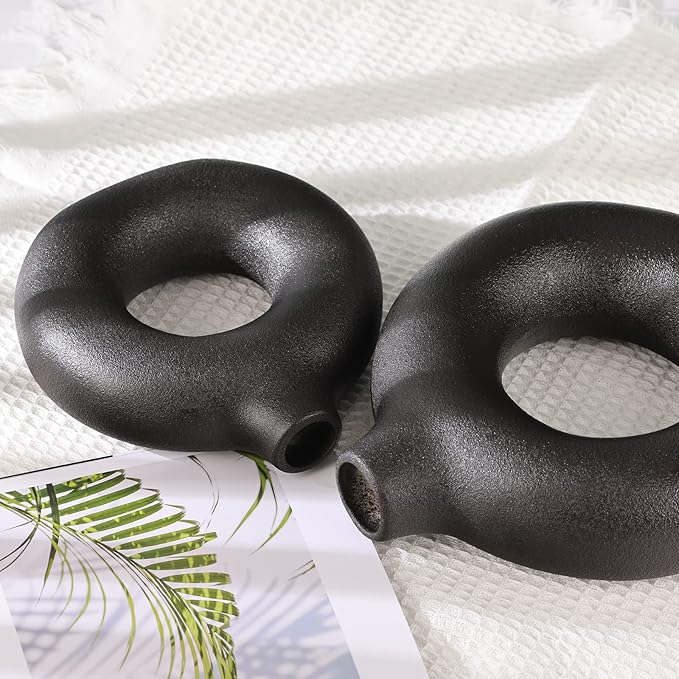 Black Vase Decor Donut Vase Set of 2 - Circle Hollow Vases, Modern Matte Ceramic Vases for Entryway Living Room Bedroom Dining Table Centerpiece Office Home Decor