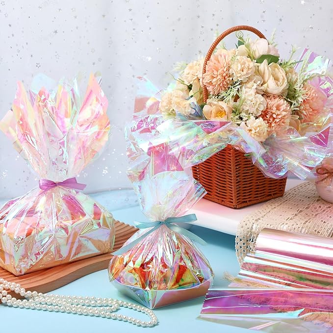 Seajan 32 in x 200 ft Iridescent Cellophane Wrap Roll, Rainbow Wrapping Paper Holographic Cellophane Wrap for Baskets Flower Bouquet DIY Treats Christmas Gifts Wrapping (Red Iridescent)