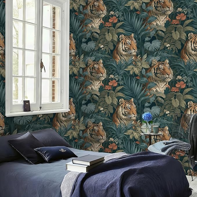Jungle Peel and Stick Floral Bird Contact Paper Fierce Tiger Removable Botanical Leaf Wallpaper 17.7" x 118.11" Wall Paper Watercolor Self Adhesive for Classroom Bedroom Laundry Room Bathroom