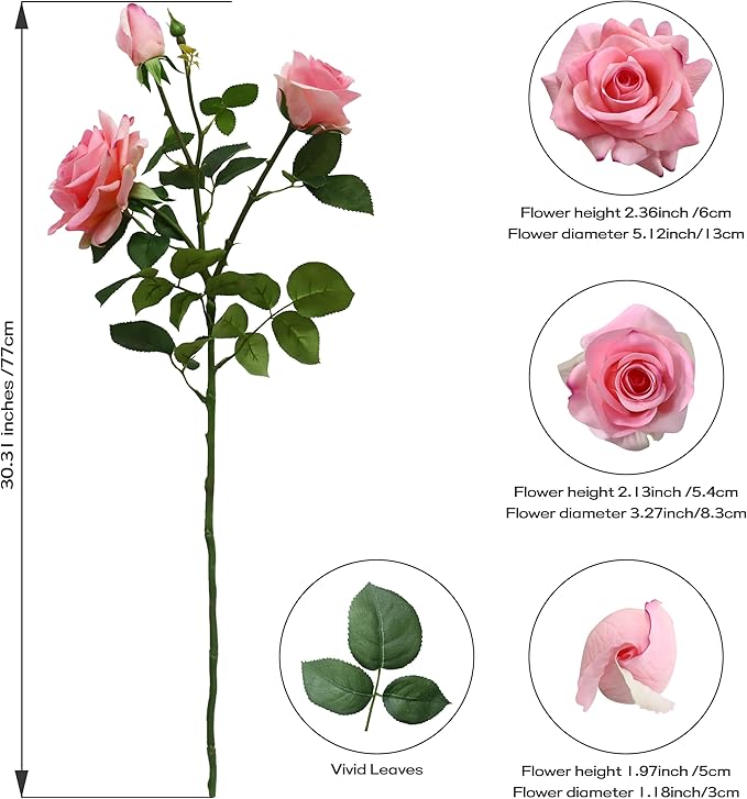 Pink Roses Artificial Flowers Indoor,Realistic Fake Flowers 5 Bouquets (15 Heads) for Living Room Decor,Real Touch Fake Plants for Bathroom Kitchen Office Wedding Centerpiece Table Bridal Shower Decor