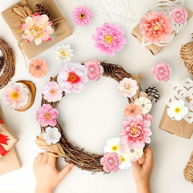 210 Pcs Mini Silk Flower Heads Small Pink Fake Rose Daisy Faux Flowers Bulk for Crafts Artificial Loose Fabric Flowers Heads Sunflower Bulk for Wedding Hair Cap Dresses Decorations (Light Pink Mixed)