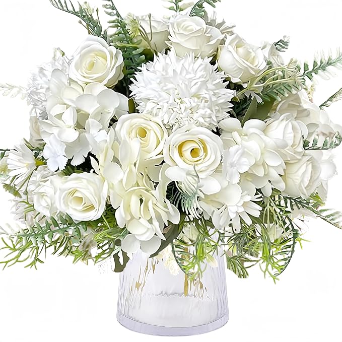 ASTRYAS White Artificial Flowers, 4Pcs Fake Rose Silk Chrysanthemum Ball Hydrangea Daisy for Decoration Faux Floral Arrangements for Wedding Party Home Decor Indoor(White)