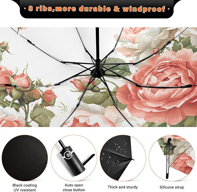 Automatic Folding Umbrella Windproof Strong, UV Protection Compact Floral Hydrangea Hummingbird Sun Rain Sun Rain Travel Umbrellas for Women Men