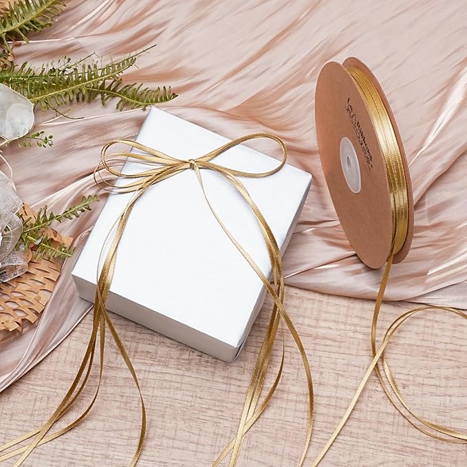 LaRibbons Gold Satin Ribbon 1/8 Inch 100 Yards Thin Luxury Double Faced Pale Gold Silk Ribbon for Flower Bouquet Crafts Gift Wrapping Wedding Christmas Decoration