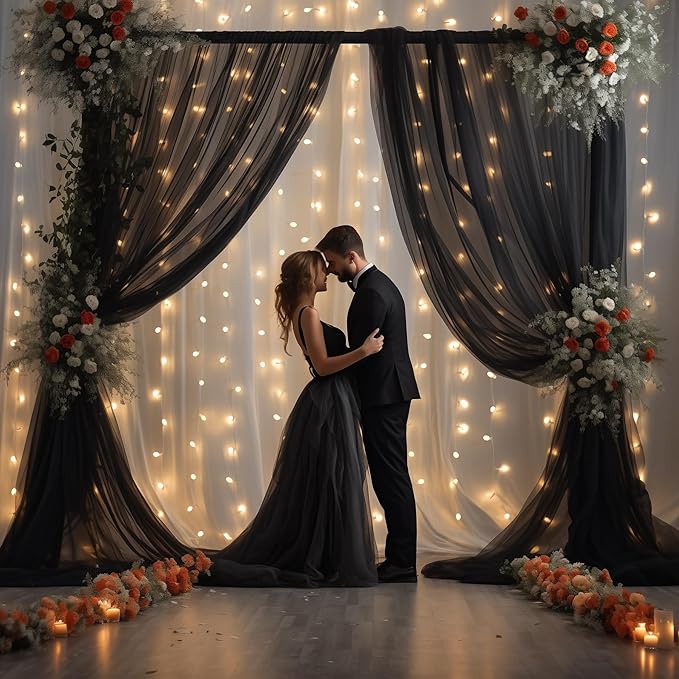 10x8ft Black Tulle Backdrop Curtain with Lights String for Parites, Sheer Backdrop Curtains for Wedding Baby Shower Birthday Party Photo Shoot Decorations
